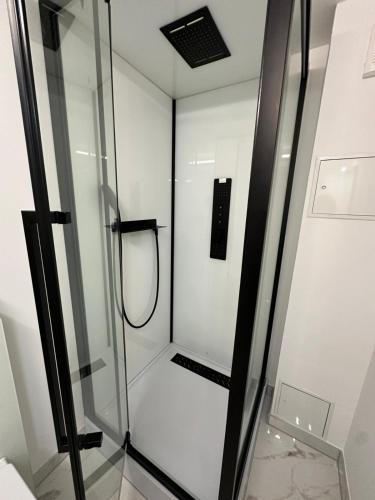 a shower with a glass door in a bathroom at FerienWohnung Gästehaus Merzig-Besseringen NEUBAU in Merzig