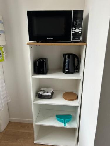 un four micro-ondes installé au-dessus d'une étagère dans l'établissement Appartement cosy Armentières gare, à Armentières