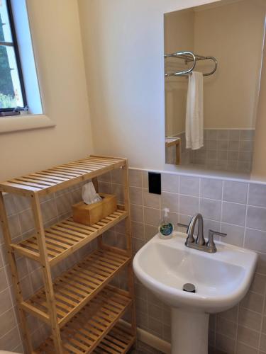 a bathroom with a sink and a toilet and a mirror at New! Hill Hideaway - Incredible Lakeviews! in Frankfort