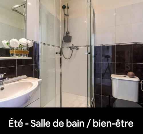 une salle de bain avec une douche en verre et un lavabo dans l'établissement Résidence le Paga, à Nice