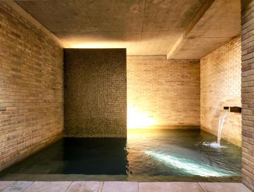 a room with a pool of water in a brick wall at Torrearena Design Hotel in Puerto Escondido