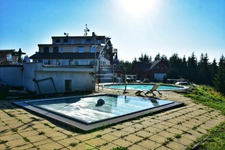 a swimming pool with a statue in front of a building at Horská chata Severka in Dolní Lomná