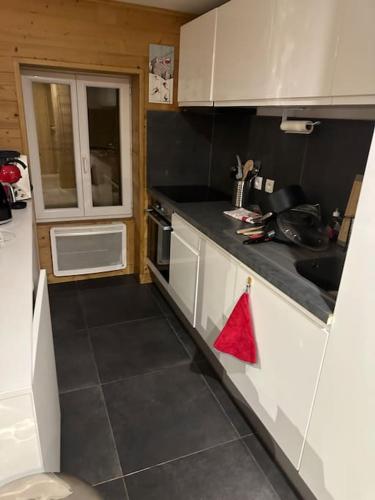 une petite cuisine avec des armoires blanches et un évier dans l'établissement Au Belalp, au pied des pistes, cœur de station cosy Luxe, à Les Deux Alpes