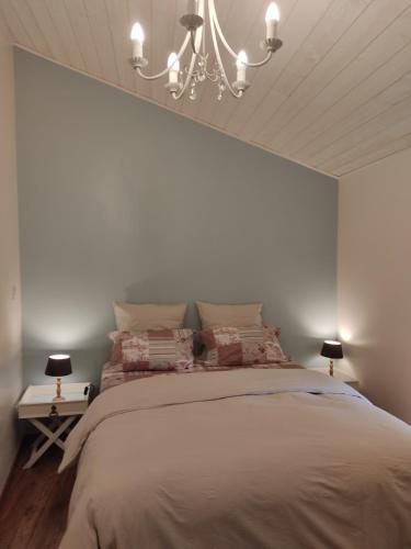 une chambre avec un grand lit et un lustre dans l'établissement Coccinelle, à Yronde-et-Buron