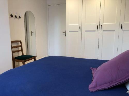 - une chambre avec un lit doté d'un oreiller violet et d'une chaise dans l'établissement Cosy apartment centre Le Mans 5min train station, au Mans