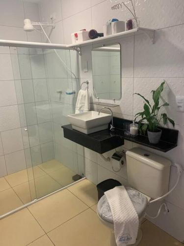 a bathroom with a toilet and a sink and a mirror at Chalé Park Mar, São José e Maragogi in São José da Coroa Grande