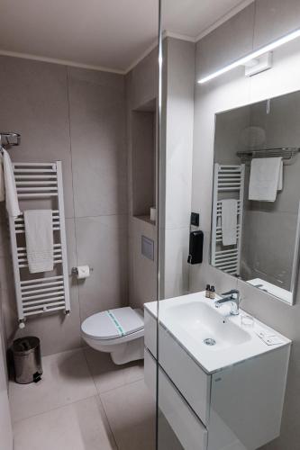 a white bathroom with a sink and a toilet at Complex Turistic Capus & Spa in Căpuşu Mare