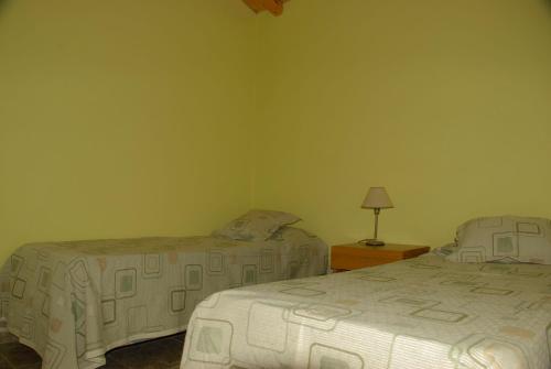 a bedroom with two beds and a table with a lamp at Valle de Epuyen in Epuyén