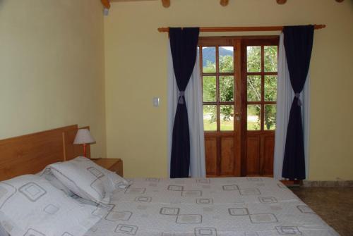 a bedroom with a bed and a large window at Valle de Epuyen in Epuyén
