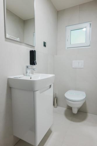 a white bathroom with a sink and a toilet at Complex Turistic Capus & Spa in Căpuşu Mare