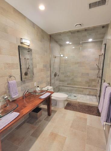 a bathroom with a sink and a toilet and a shower at Modern 1 block from Metro subway Minutes to Capital, Museums and National Mall in Washington, D.C.