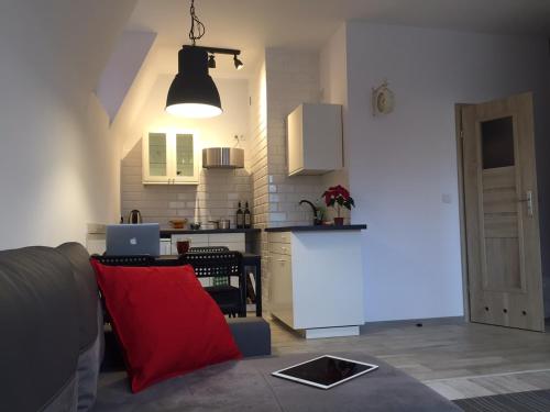 a living room with a couch and a kitchen at Mieszkanie Na Placu Solnym in Wrocław
