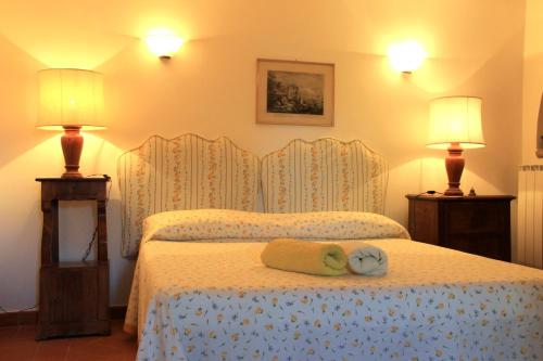 a bed with two lamps and two towels on it at B&B Colle Perrini Country House in Casperia