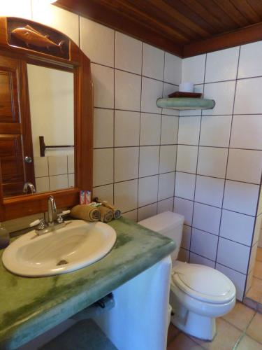 a bathroom with a sink and a toilet at Corcovado Beach Lodge in Puerto Jiménez