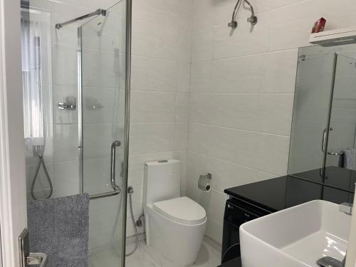 コロンボにあるLovely Sea View Apartmentのシャワー、トイレ、洗面台を備えたバスルーム