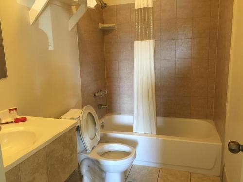 a bathroom with a toilet and a tub and a sink at Coastal Motel in Jacksonville