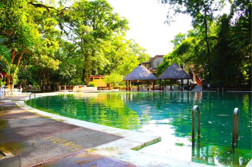 a swimming pool with green water in a park at Hotel SPA Taninul in Los Puentes