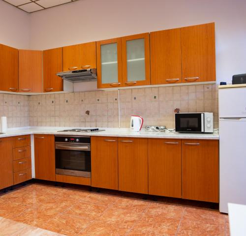 a kitchen with wooden cabinets and a stove and a microwave at Rijeka center apartment 40m in Rijeka