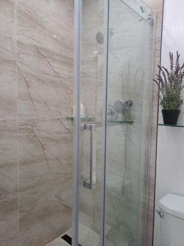 a shower with a glass door in a bathroom at Lala-near Pearson airport-mall-free parking in Mississauga