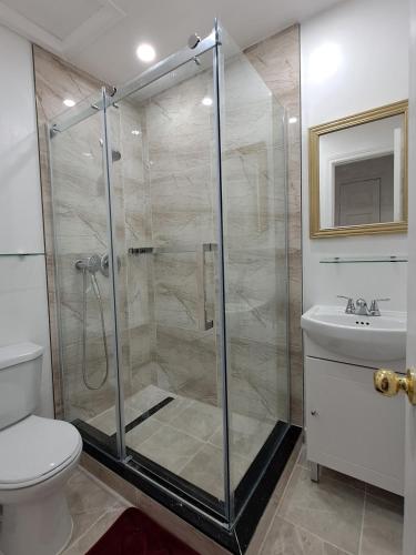 a bathroom with a shower and a toilet and a sink at Lala-near Pearson airport-mall-free parking in Mississauga