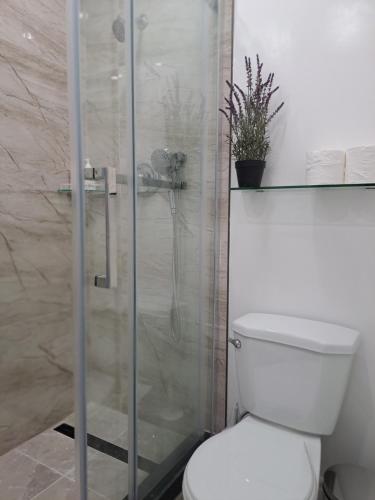 a bathroom with a toilet and a glass shower at Lala-near Pearson airport-mall-free parking in Mississauga