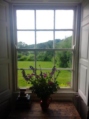 a vase of flowers sitting on a table in front of a window at Barmoors in Lastingham