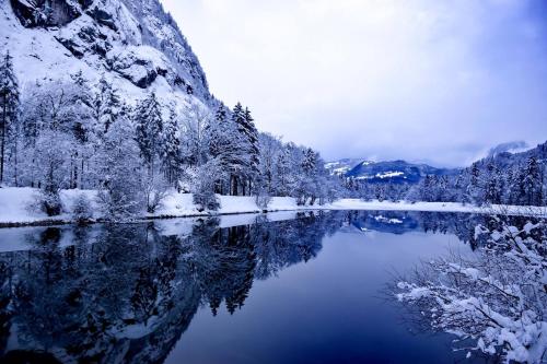 a lake with snow covered trees and a mountain at Ferienlounge Bluntausee in Golling an der Salzach