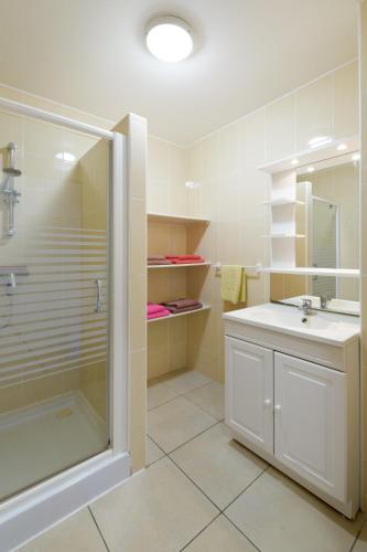 une salle de bain avec une douche et un lavabo et une cabine de douche en verre dans l'établissement Résidence Amaréna, à Saint-Paul-lès-Dax