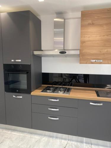 a kitchen with gray cabinets and a stove top oven at Blumoon boutique in Andria