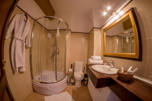 a bathroom with a shower and a toilet and a sink at Emire Boutique in Zărneşti