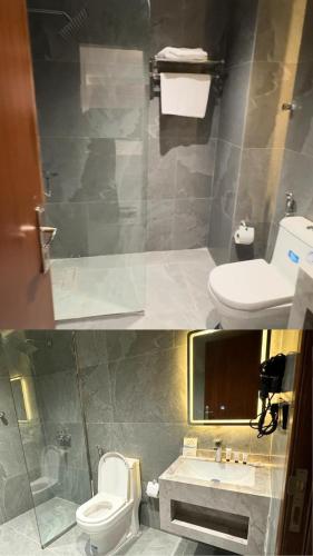 two pictures of a bathroom with a toilet and a sink at أساليب بلاتينيوم للشقق المخدومة in Al Madinah