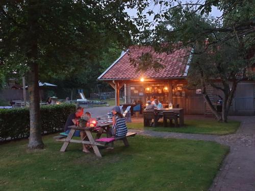 a group of people sitting at a picnic table in a yard at Vakantiehuis Aangenaam - Olde Horst in Diever