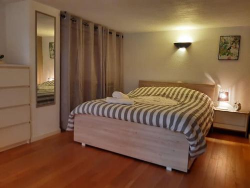 une chambre avec un lit avec une commode et un miroir dans l'établissement Charming Duplex near Disney, à Bussy-Saint-Georges