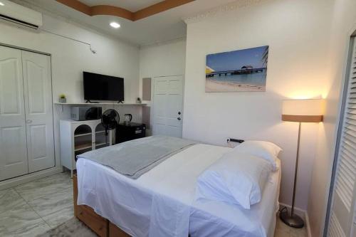 a white bedroom with a bed and a television at Cozy Guest Suite in gated compound in Jerningham Junction