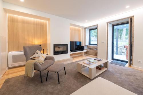 a living room with a chair and a tv at Casa Da Romeira Country House in Freixieiro de Soutelo