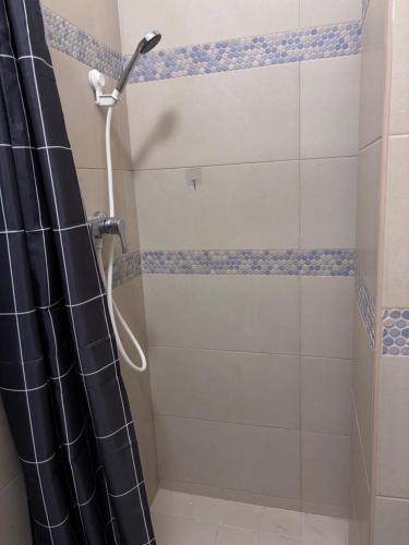 a shower with a black shower curtain in a bathroom at AIRPORTMAX Panzió in Vecsés