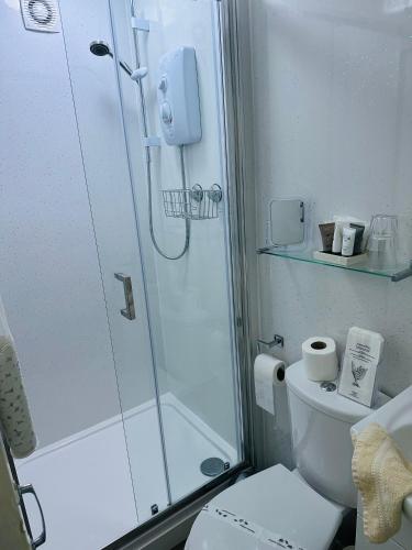 a white bathroom with a shower and a toilet at Fairfax in Skegness