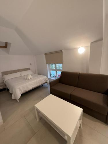 a living room with a couch and a bed at Hostel Villa Miguela in Santander