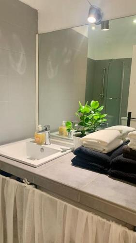 un comptoir de salle de bain avec un lavabo et un miroir dans l'établissement Studio Lumineux 2 Pers Centre, à Toulouse