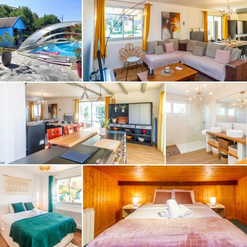 un collage de photos d'une chambre et d'un salon dans l'établissement La Villa du Bourg Neuf, à Douvaine