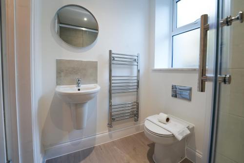 a bathroom with a toilet and a sink and a mirror at En-Suite Rooms in Llanelli