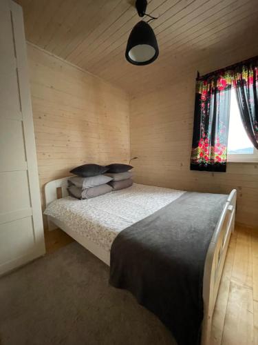a bedroom with a bed with pillows and a window at Somnium Pieniny in Tylka