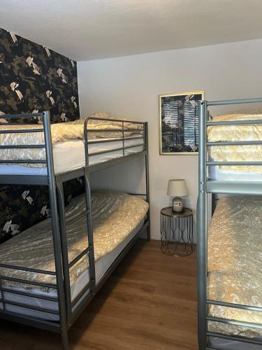 a room with three bunk beds and a lamp at Ferienhaus am Bach in Medebach