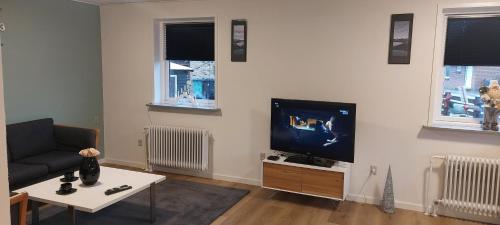 a living room with a couch and a television at Venos Home 2 in Lemvig