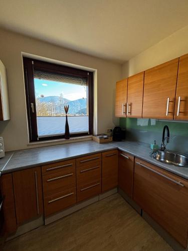 a kitchen with wooden cabinets and a window with a view at Ski Vital Apartments in Sankt Michael im Lungau