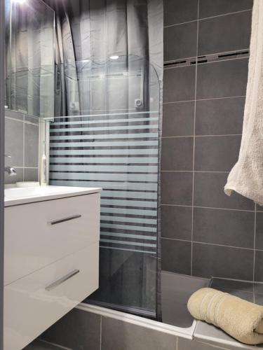 une salle de bain avec une douche et un lavabo blanc et une douche dans l'établissement Vela Aurea, Studio 4 couchages en rez de jardin, avec terrasse et parking, à 500m de la plage, au Grau-du-Roi
