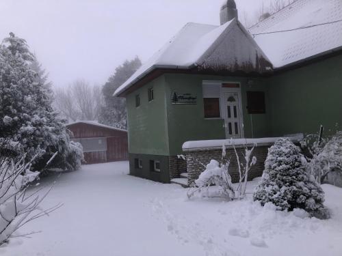 a green house with snow on top of it at Bakonyi Mamutfenyő Vendégház in Tés