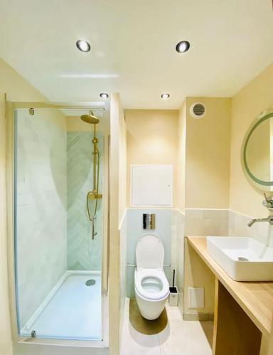 une salle de bain avec toilettes, douche et lavabo dans l'établissement Studio Boho Clim Parking terrasse, à Nîmes