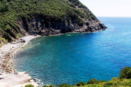 a beach with blue water and a rocky mountain at Il Cisto in Marciana