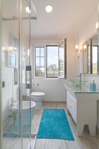 a bathroom with a glass shower and a toilet and a sink at Casa da Fraga in Santa Marta de Penaguião